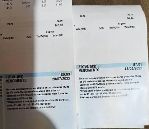 Comparativo de conta de água de cliente antes e depois da instalação